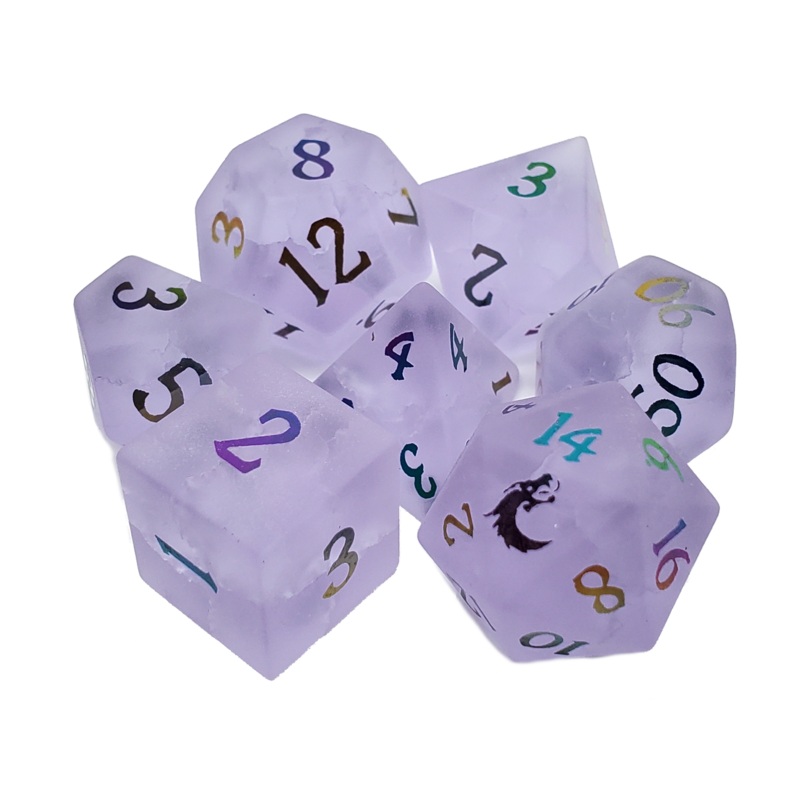 Gemstone - Frosted Blast Glass Amethyst w/ Spectral Old School Dice