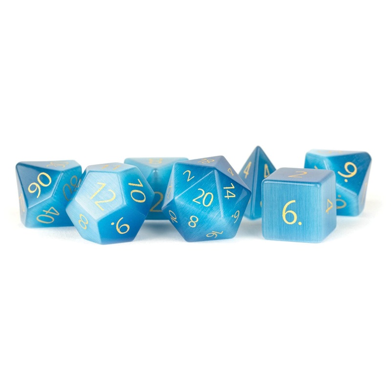 16mm Stone Poly Dice Set: Engraved Cat`s Eye Aquamarine (7)