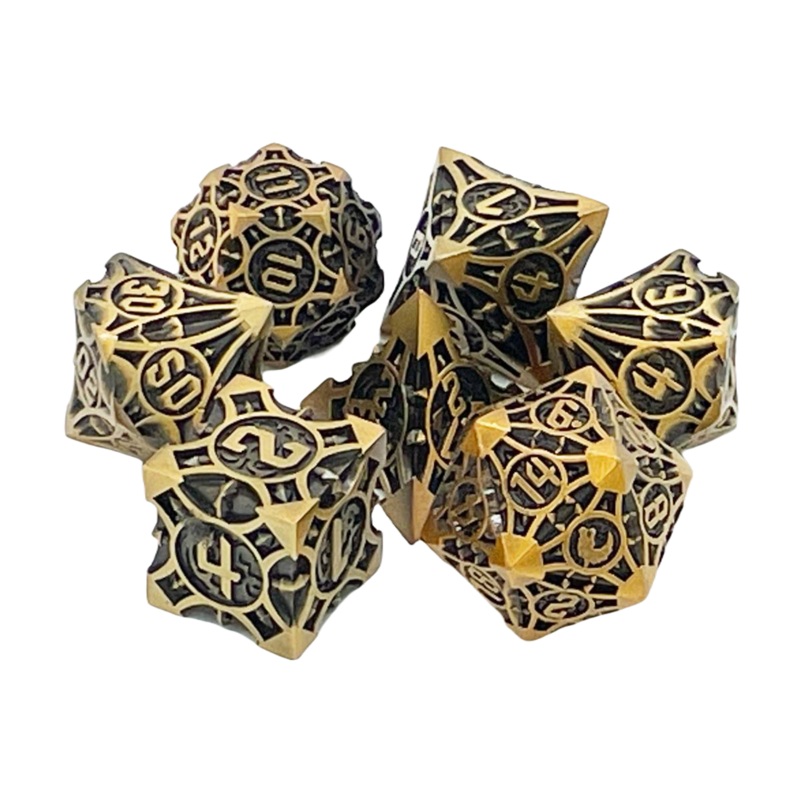 Old School 7 Piece DnD RPG Metal Dice Set: Gnome Forged - Ancient Gold