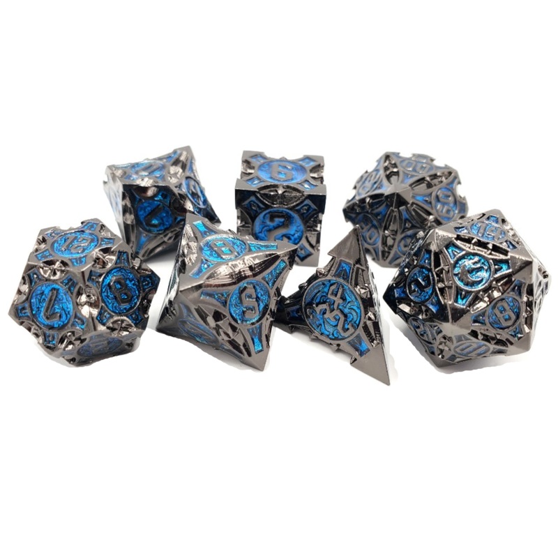 Old School 7 Piece DnD RPG Metal Dice Set: Gnome Forged - Black Nickel w/ Blue