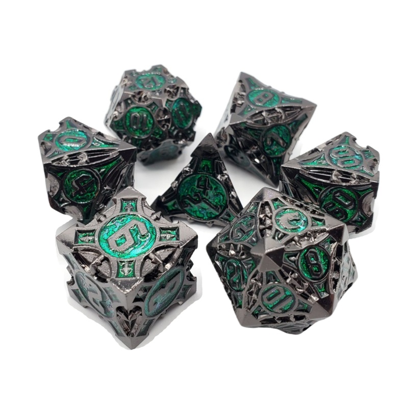 Old School 7 Piece DnD RPG Metal Dice Set: Gnome Forged - Black Nickel w/ Green