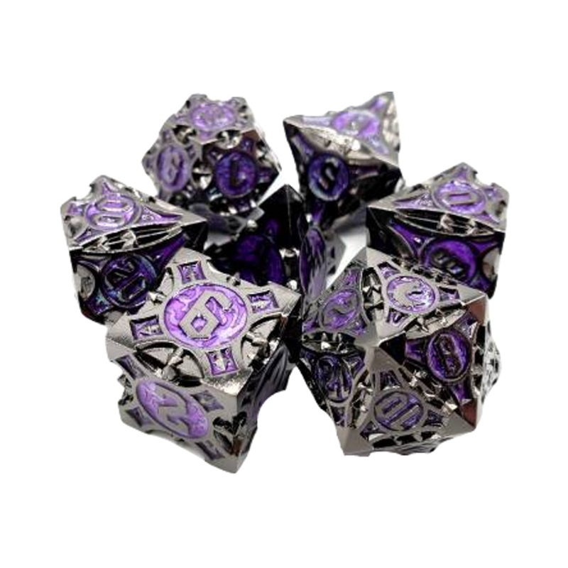 Old School 7 Piece DnD RPG Metal Dice Set: Gnome Forged - Black Nickel w/ Purple