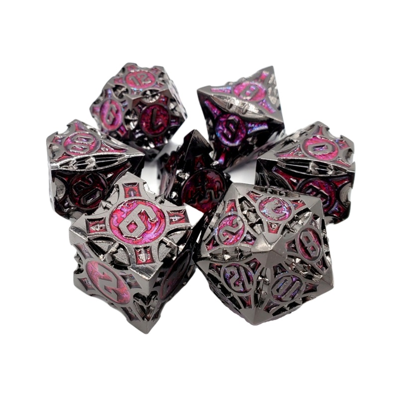 Old School 7 Piece DnD RPG Metal Dice Set: Gnome Forged - Black Nickel w/ Red