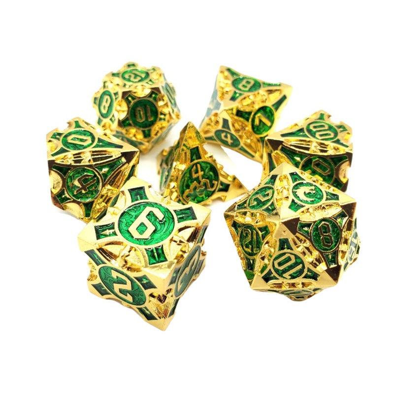 Old School 7 Piece DnD RPG Metal Dice Set: Gnome Forged - Gold w/ Green