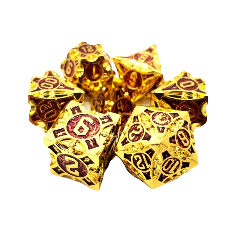 Old School 7 Piece DnD RPG Metal Dice Set: Gnome Forged - Gold w/ Purple