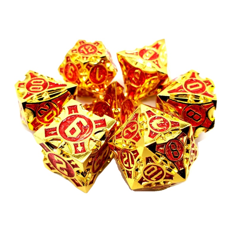 Old School 7 Piece DnD RPG Metal Dice Set: Gnome Forged - Gold w/ Red