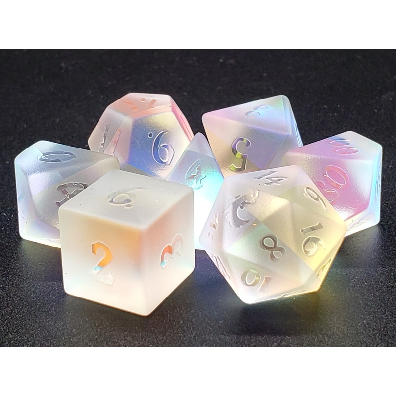 Old School 7 Piece DnD RPG Gemstone Set: Frosted Prismatic Dreams