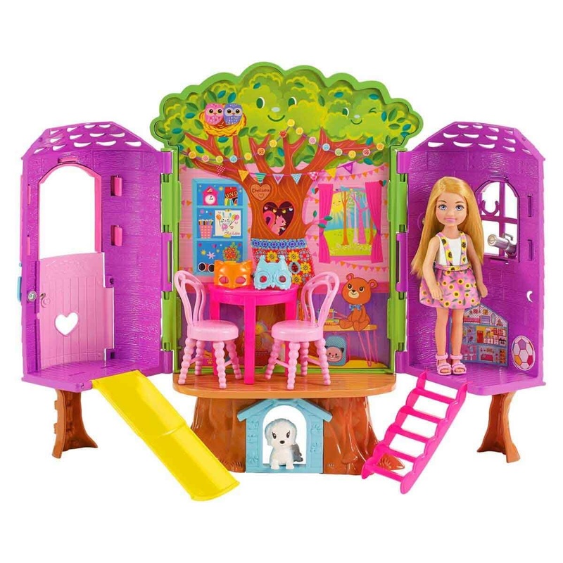 Barbie Chelsea Doll and Treehouse Playset with Pet Puppy, Dollhouse Includes Furniture and Slide, 10+ Accessories