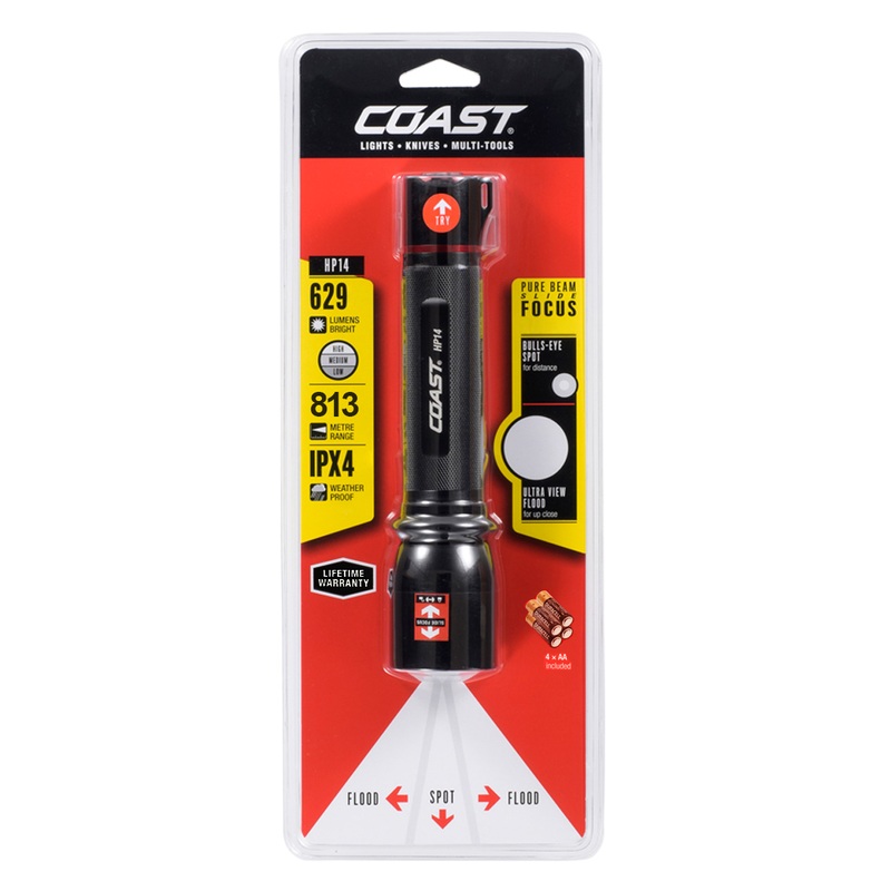COAST HP14 the focusable LED flashlight with Slide Focus and 4 batteries included