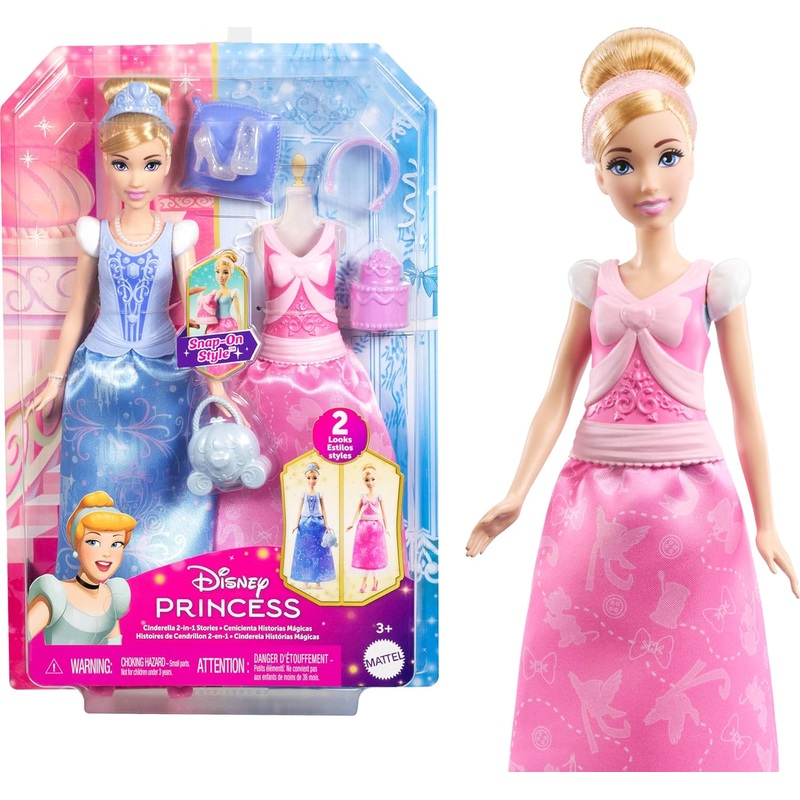 Disney Princess 2-in-1 Stories Cinderella Fashion Doll with 2 Snap-On Bodices, 2 Skirts & 9 Accessories