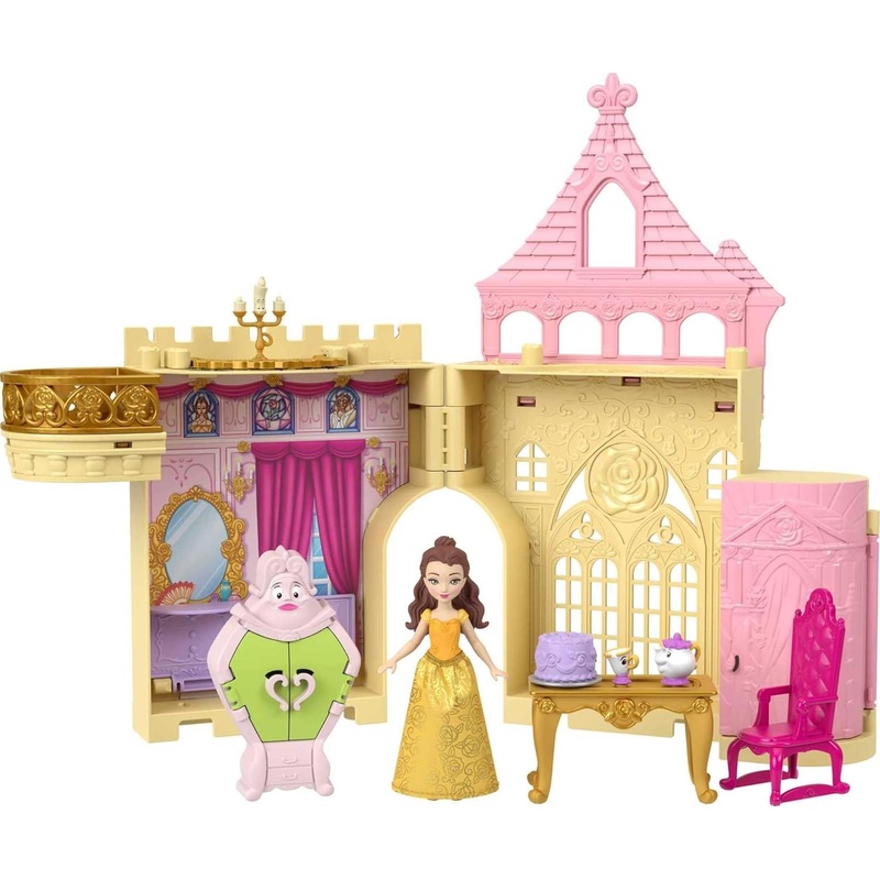 Mattel Disney Princess Toys, Belle Stackable Castle Doll House Playset with Small Doll and 9 Pieces, Inspired by The Disney Movie, Kids Travel Toys