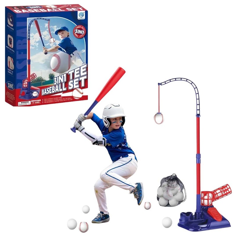 3-in-1 Kids Baseball Set  Tee Stand, Hanging Tee & Ball Launcher with 6 Balls | Adjustable Height Outdoor Game (Ages 312)