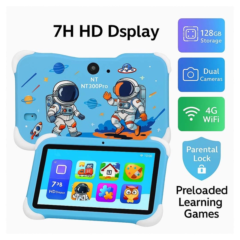 Kids Learning Tablet  7" HD, 128GB, Dual Cameras, 4G/WiFi, Parental Lock, Fall-Proof Cover (Space - Blue)