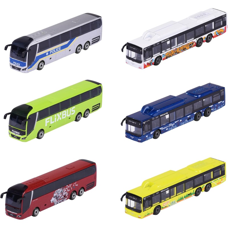 Majorette City Bus Toy Set  Pack of 6 Freewheel Buses with Metal Suspension (13 cm)