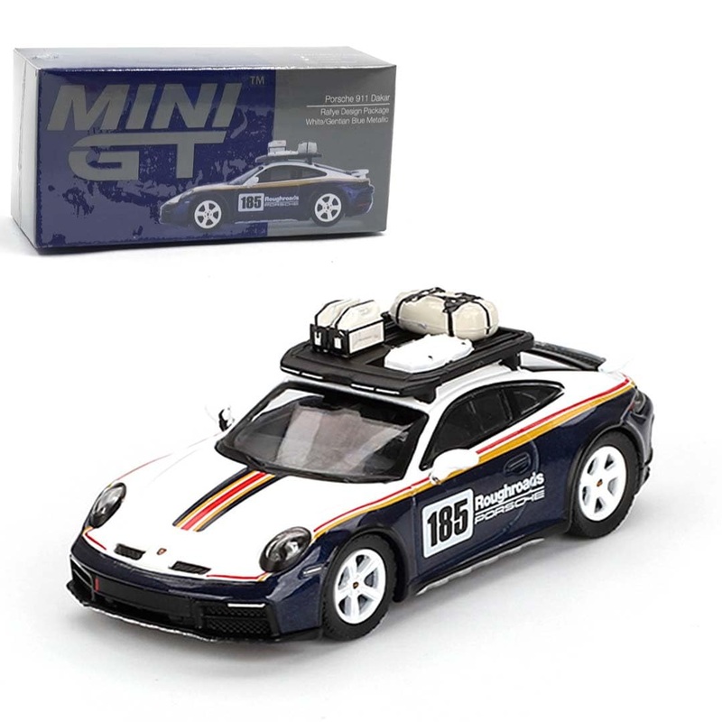 Mini GT Die Cast Collectrors Model Cars: (Porsche 911 Dakar Rallye Design Package White/Gentian Blue Metallic)