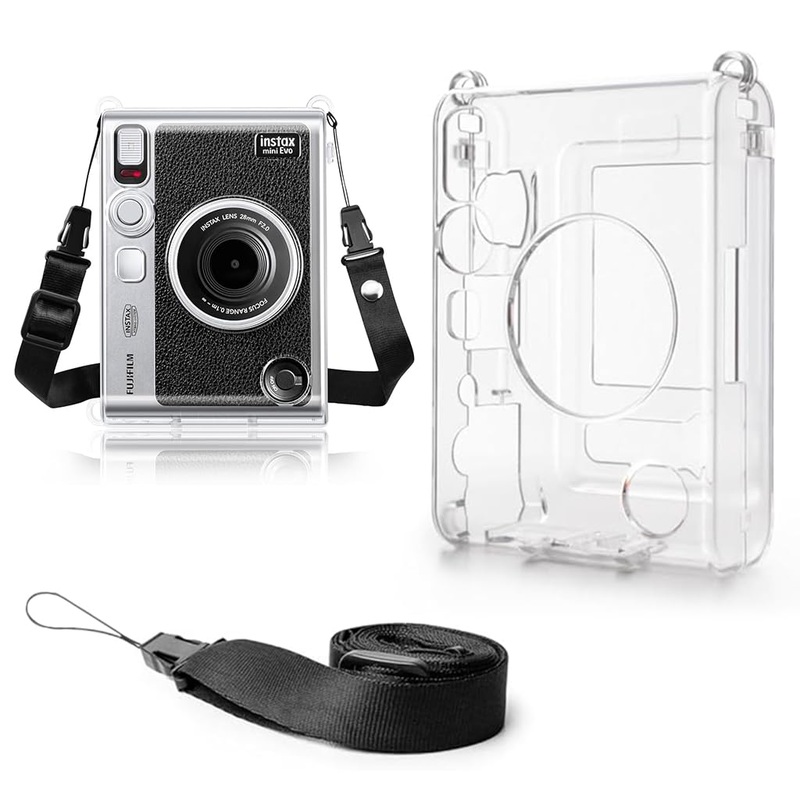 Crystal Clear Protective Case for Fujifilm Instax Mini Evo  Sleek Transparent PC Shell with Attachable Loop