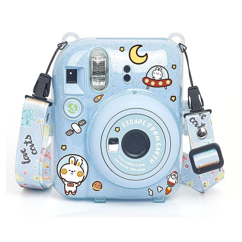 Fujifilm Instax Clear Storage Case for Instax Mini 12 Camera Case Transparent with Shoulder Strap and Camera Sticker with Photo Pocket for Store 10 Photos- Blossom Pink