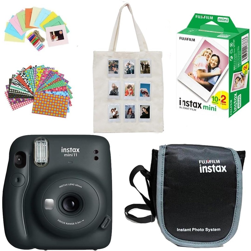 Fujifilm Instax Mini 11 Instant Camera + 20 Photo Shots + Photo Hanging 1 Set + Photo Stickers 1 Set + Carrying Case + Custome Photo Tote Bag - Charcoal Grey
