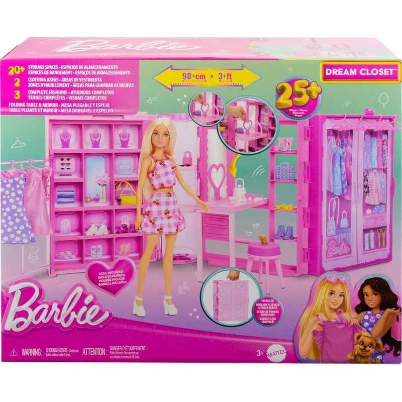 Barbie Dream Closet Toy Playset with Blonde Fashion Doll, Clothes & Accessories, 3-ft-Wide with 25+ Pieces, 3 Complete Looks