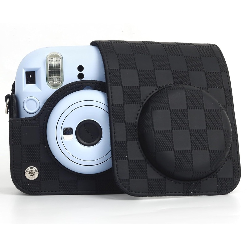 Checkmate Style  Chess Board PU Leather Camera Case for Instax Mini 12 with Adjustable Strap - Black