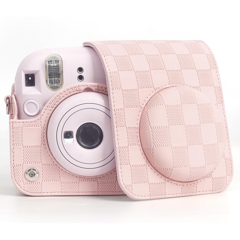 Checkmate Style  Chess Board PU Leather Camera Case for Instax Mini 12 with Adjustable Strap - Blossom Pink