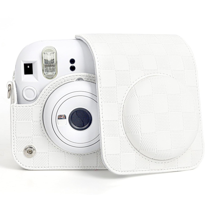Checkmate Style  Chess Board PU Leather Camera Case for Instax Mini 12 with Adjustable Strap - Clay White
