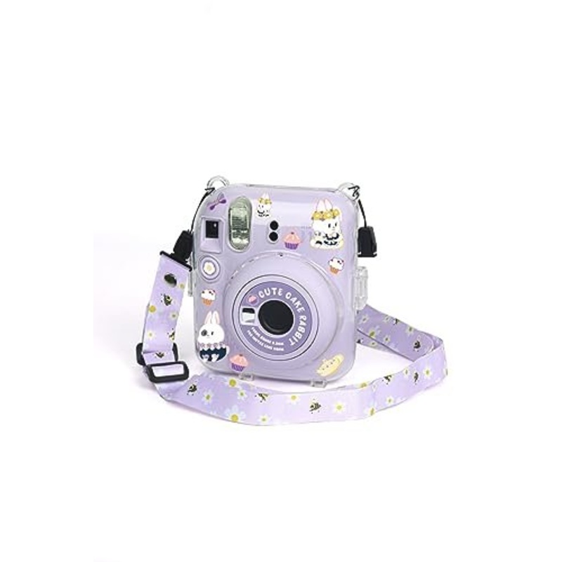 Fujifilm Instax Mini 12 Crystel Clear Camera Case + Adjustable Rainbow Strap and Photo Pocket in Back + Case Decorative Stickers - Lilac purple