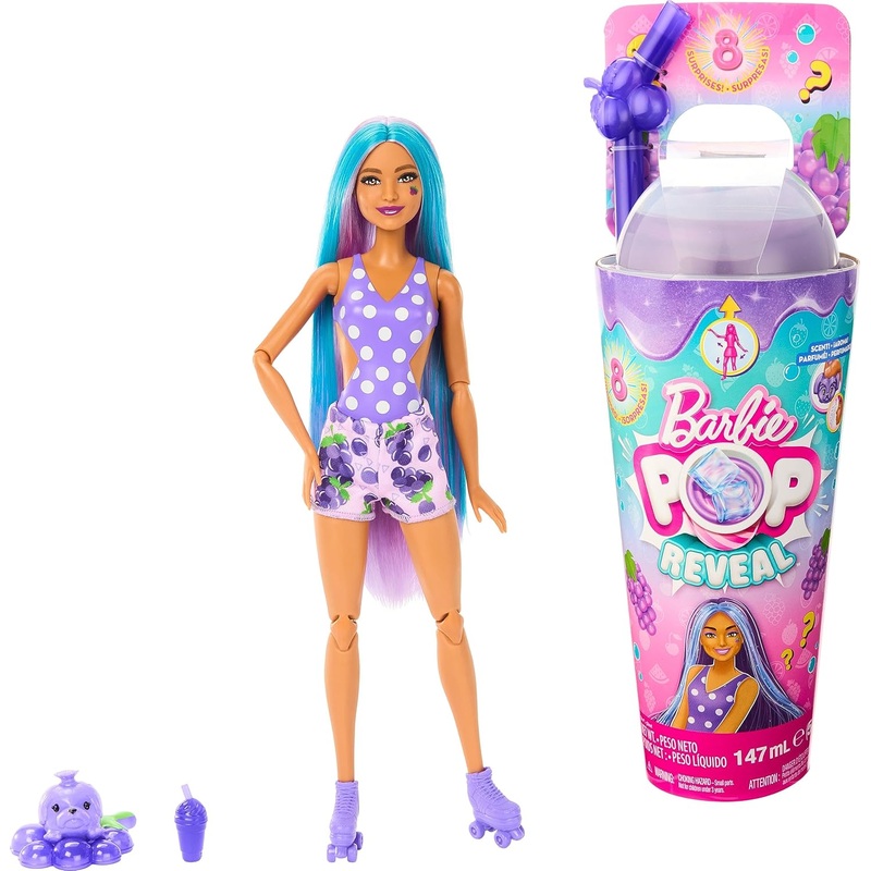 Mattel - Barbie Pop Reveal Fruit Series Barbie Grape Fizz Doll, Scent & Color Change