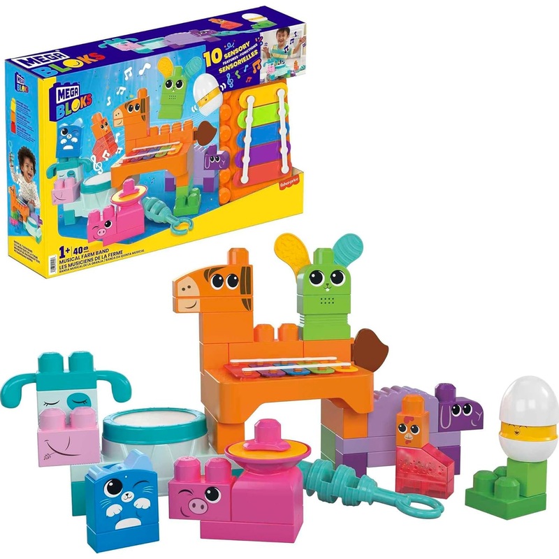 MEGA BLOKS Fisher Price Musical Farm Band Sensory Block Toy (45 Pieces) for Toddler