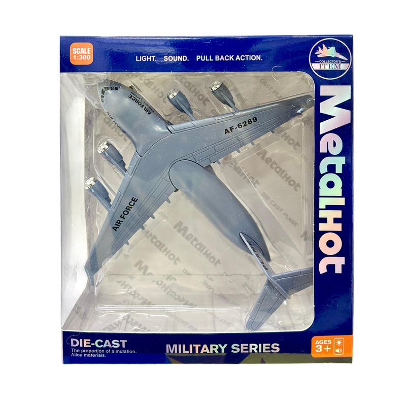 MetalHot Diecast Fighter Airplane Pull-Back Action with Light & Sound - 1:300 Scale (Blue)