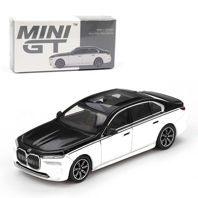 Mini GT BMW i7 xDrive60  Alpine White / Black Sapphire | 1:64 Scale RHD Diecast Model Car