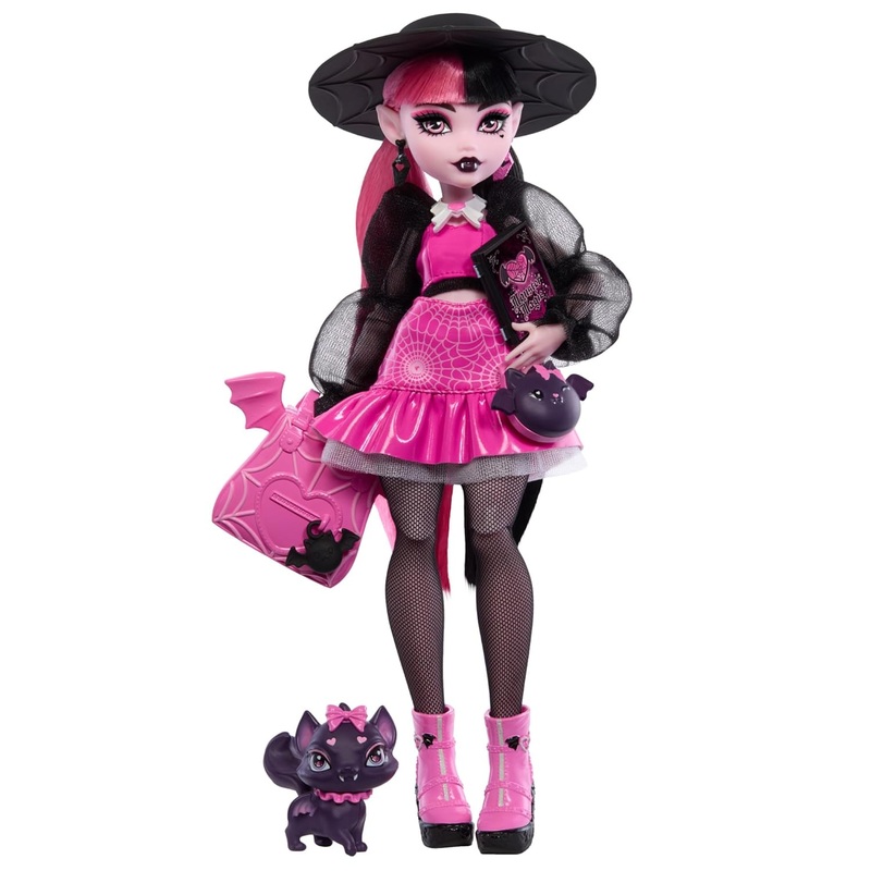 Monster High Draculaura Doll with Pet Bat-Cat Count Fabulous and Accessories Like Backpack, Spell Book, Bento Box and More