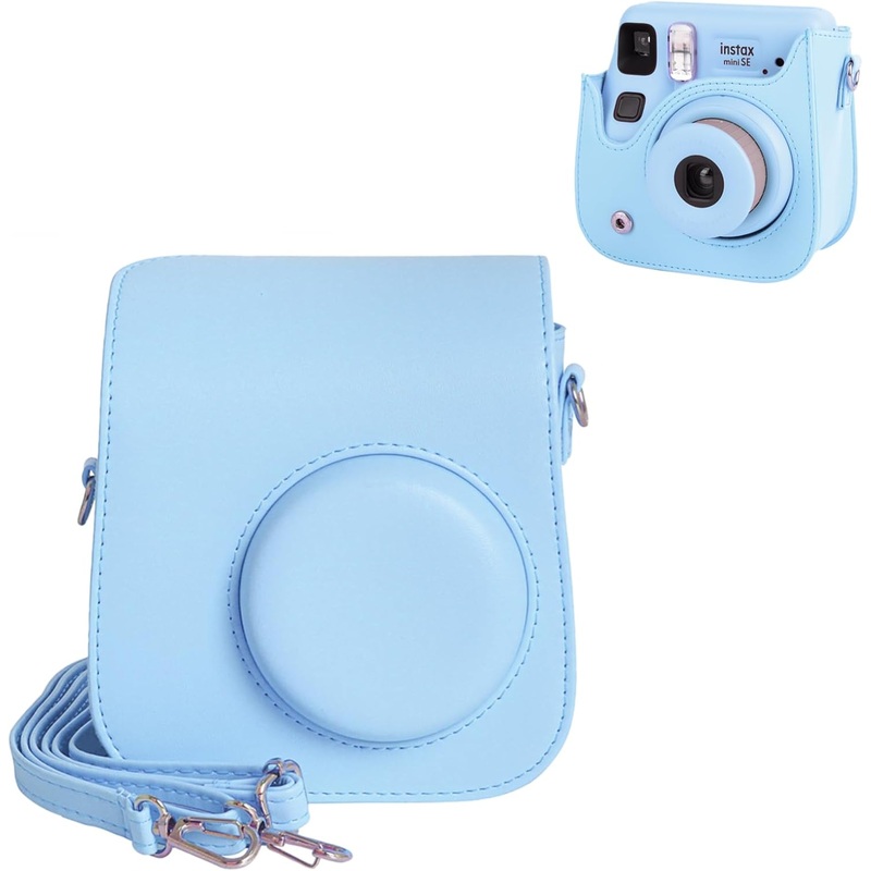 PU Leather Camera Case for Instax Mini SE  Protective Pouch with Adjustable Shoulder Strap - Blue