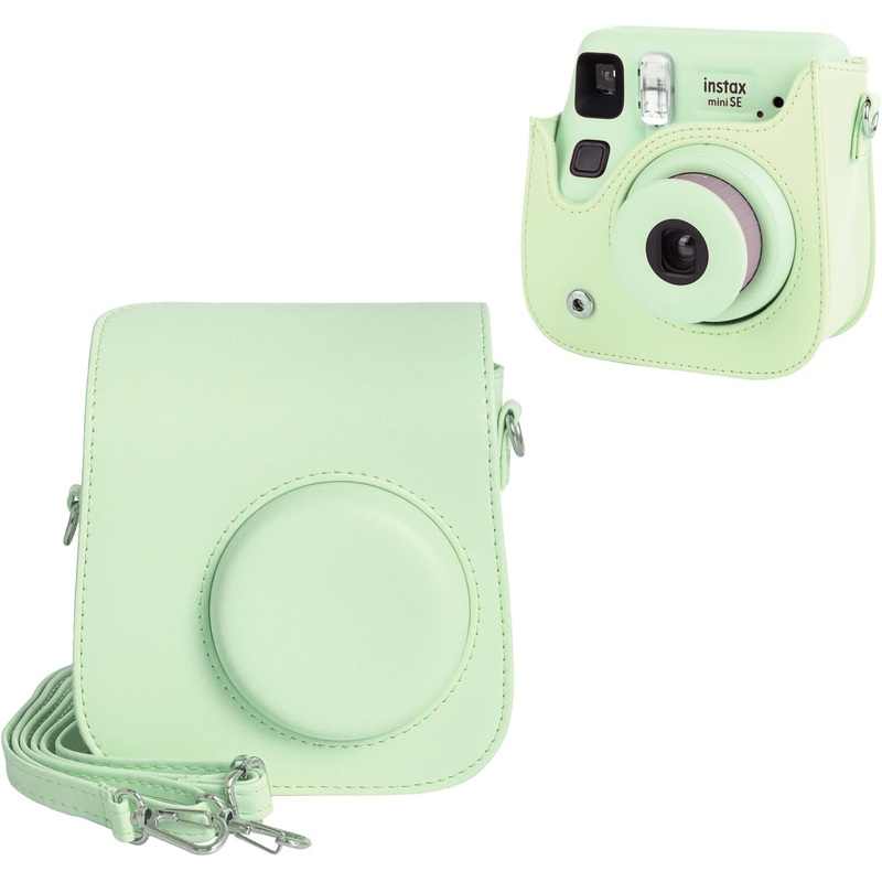 PU Leather Camera Case for Instax Mini SE  Protective Pouch with Adjustable Shoulder Strap - Green