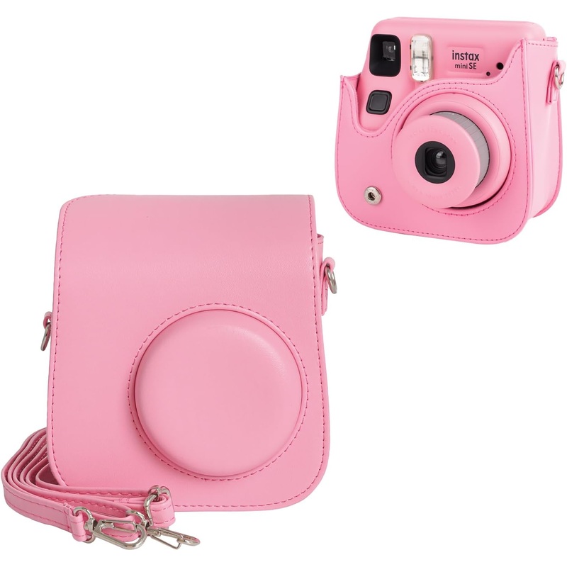 PU Leather Camera Case for Instax Mini SE  Protective Pouch with Adjustable Shoulder Strap - Pink