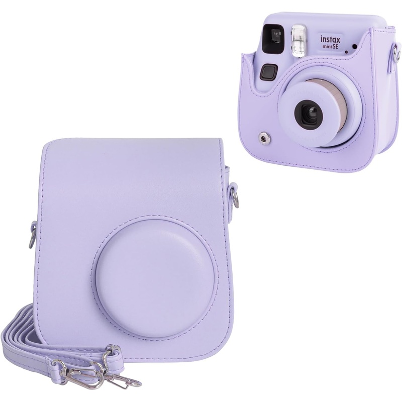 PU Leather Camera Case for Instax Mini SE  Protective Pouch with Adjustable Shoulder Strap - Purple