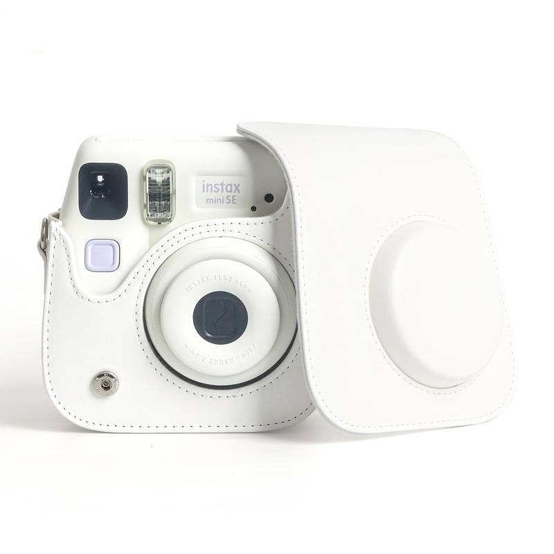 PU Leather Camera Case for Instax Mini SE  Protective Pouch with Adjustable Shoulder Strap - White