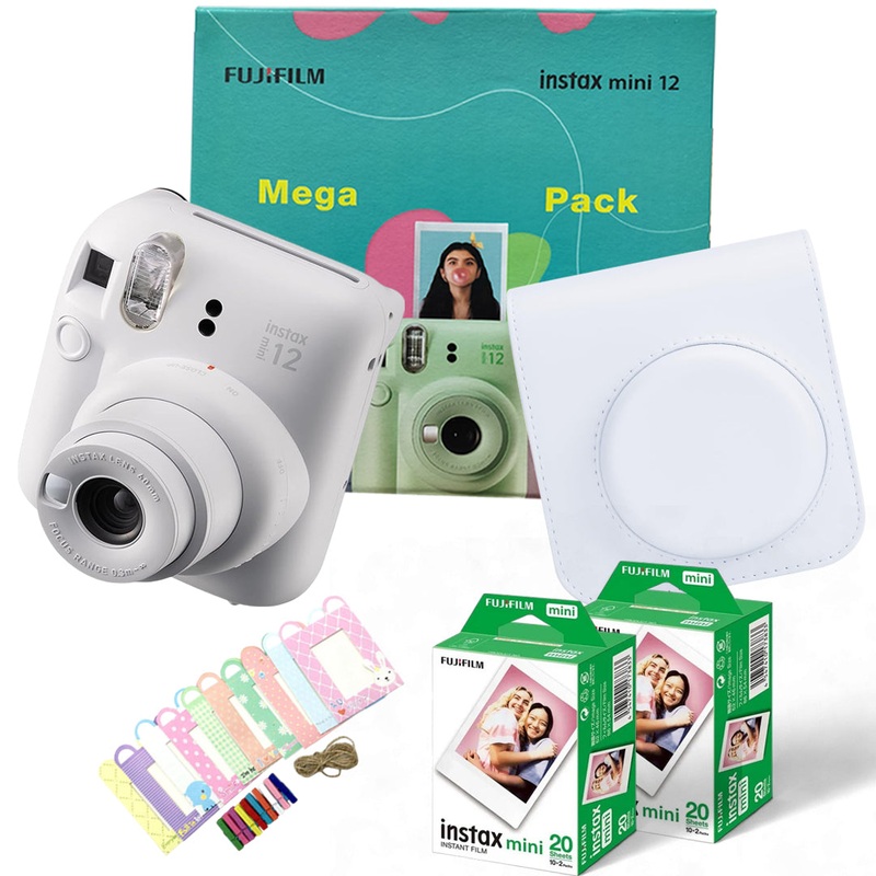 Instax Mini 12 Mega Pack  Giftable Box with Camera, Case, Films & Display Kit! - Clay White