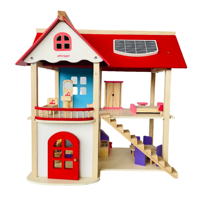 Open Ended Wooden Dollhouse - Redwood Cottage (19 pcs furniture + 2 doll figures included)