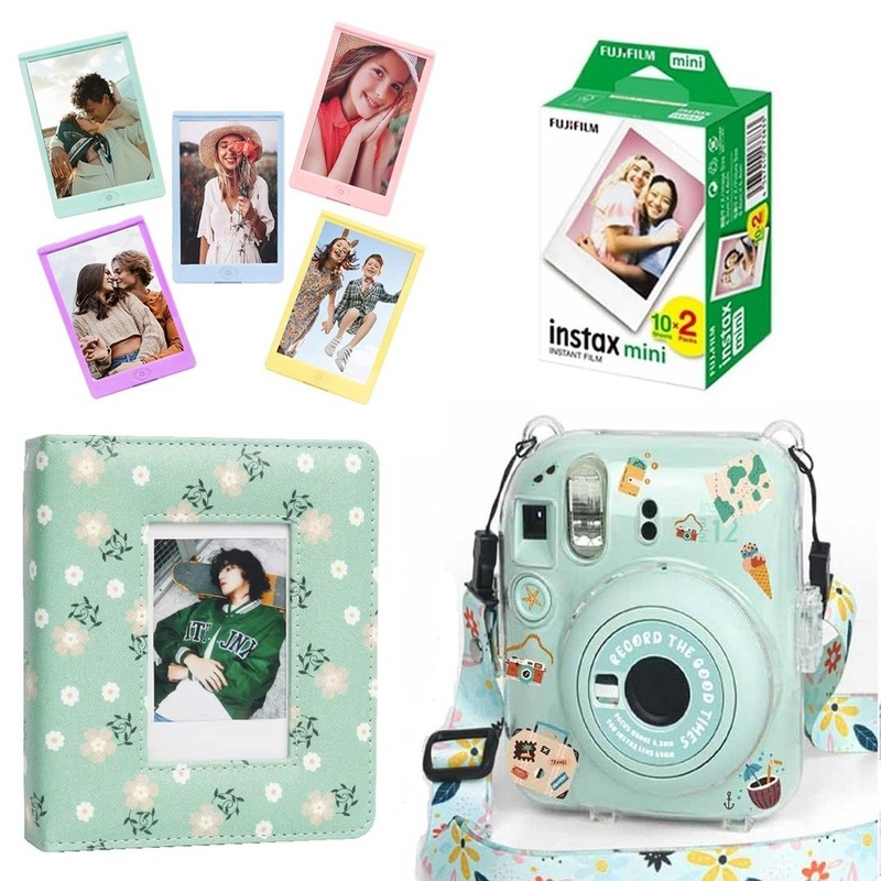 Accessories Bundle Pack - Camera Case for Instax Mini 12 (Green Acrylic) 20 shots Film Pack,+ 5 Macaron Coloured Magnetic Photo Fridge Magnet   Photo Frames, and Photo Album ( Camera Not Included )