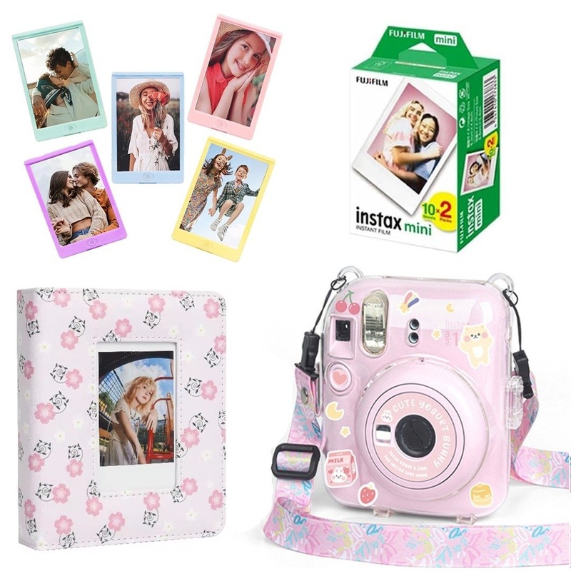 Accessories Bundle Pack  Camera Case for Instax Mini 12 (Pink Acrylic) 20 shots Film Pack+ 5 Macaron Coloured Magnetic Photo Fridge Magnet + Photo Frames and Photo Album