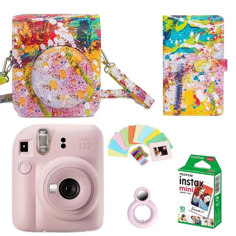 Fujifilm Instax Mini 12 Instant Camera + 10 Shot Films+ 1x Abstract Camera Case + 1x Photo Album + Photo Hanging 1 Set + 1x Close up Selfie Lens - Blossom Pink, Mini 12 Abstract