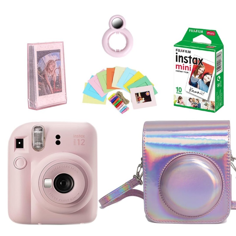 Fujifilm Instax Mini 12 Instant Camera + 10 Shots Films + 1x iRide Camera Case + 1x Photo Storage Box + 10x Photo Hanging 1 Set + 1x Close up Selfie Lens - Blossom Pink, Mini 12
