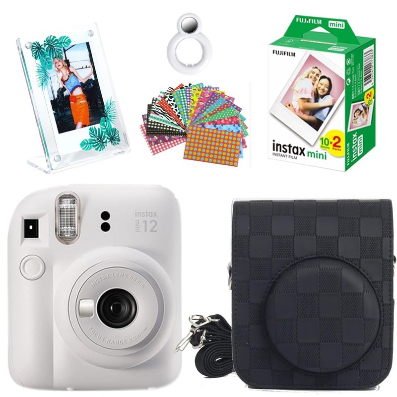 Fujifilm Instax Mini 12 Instant Camera + 20 Shots Films + 1x Chessboard PU Camera Case + 10x Photo Sticker + 1x Photo Stand + 1x Close up Selfie Lens ( Black)