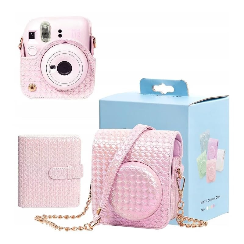 Iridescent PU Leather Case & Photo Album Set for Fujifilm Instax Mini 12  Includes Carrying Case & 64 Sheets Photo Album (Blossom Pink)