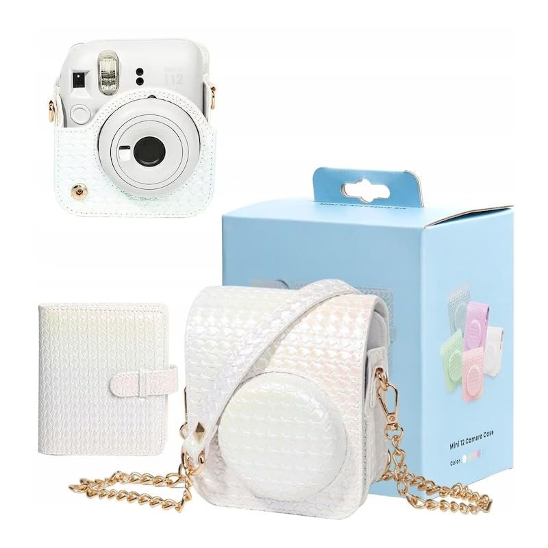 Iridescent PU Leather Case & Photo Album Set for Fujifilm Instax Mini 12  Includes Carrying Case & 64 Sheets Photo Album (Clay White)