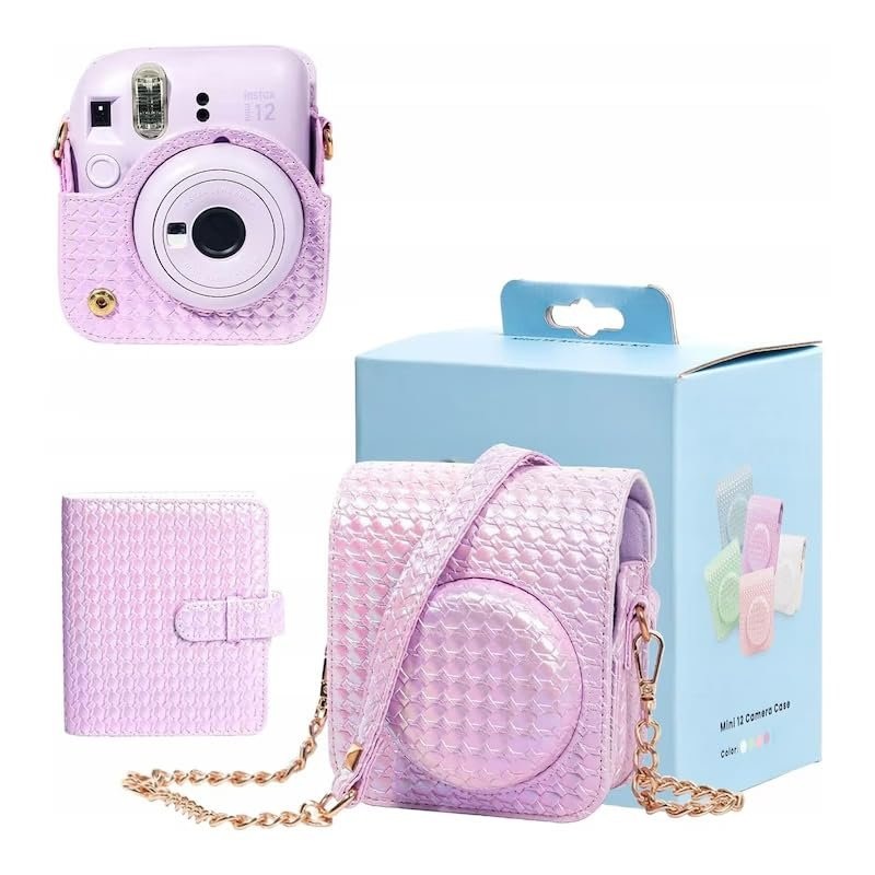 Iridescent PU Leather Case & Photo Album Set for Fujifilm Instax Mini 12  Includes Carrying Case & 64 Sheets Photo Album (Lilac Purple)