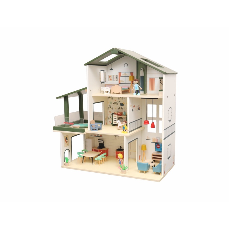 Open Ended Wooden Dollhouse - Modern Villa  (31 pcs furniture including 4 doll figures included)