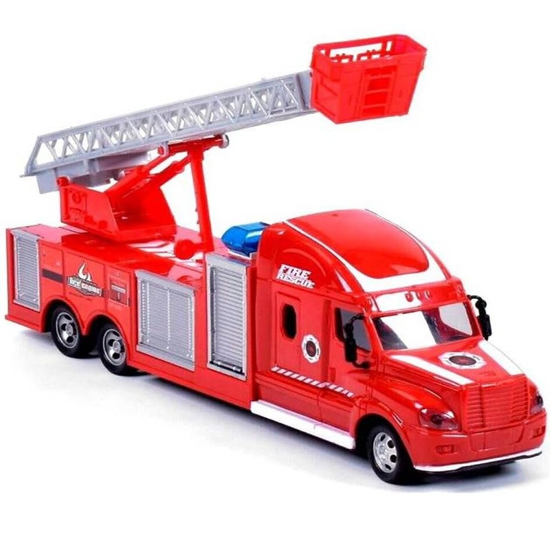 Fire Rescue Ladder Truck Toy with Extendable Crane & Rotating Basket  Friction Powered Fire Engine for Kids