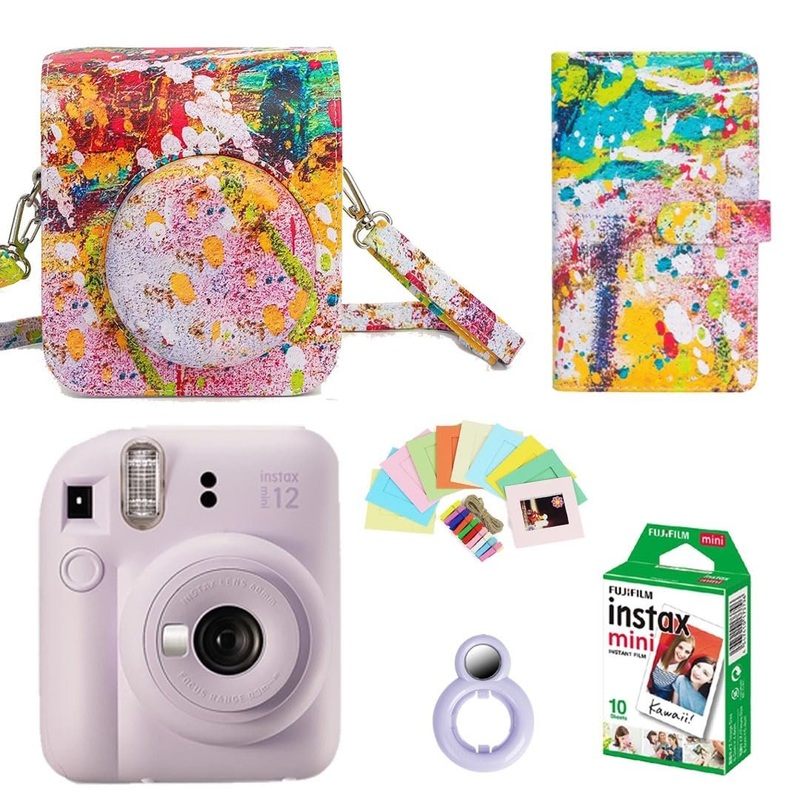 Fujifilm Instax Mini 12 Instant Camera + 10 Shot Films+ 1x Abstract Camera Case + 1x Photo Album + Photo Hanging 1 Set + 1x Close up Selfie Lens  Purple, Mini 12 Abstract